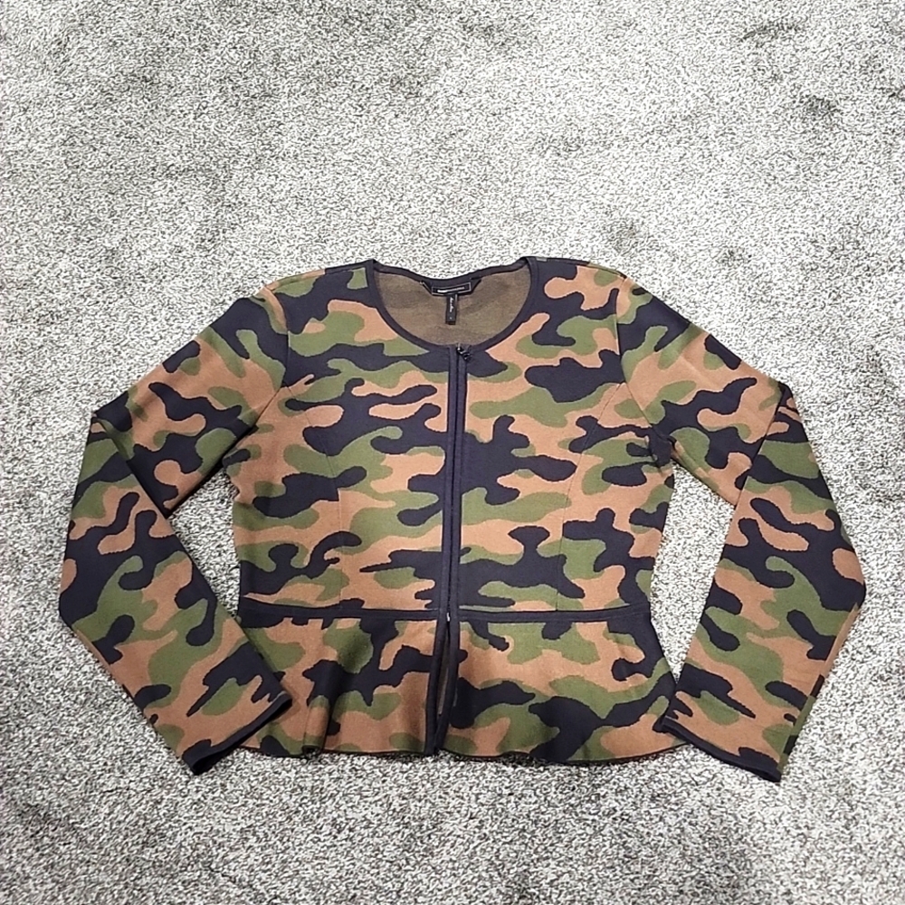 BCBG Maxazria Camo Zip Front Peplum Sweater Size L